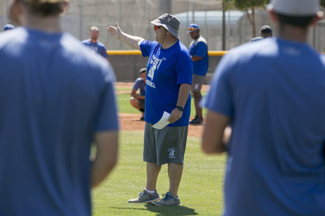 College of Southern Nevada baseball head coach Nick Garritano speaks to players during a practice at Morse Stadium on Tuesday, May 16, 2017, in Henderson.  Bridget Bennett Las Vegas Review-Journal ...