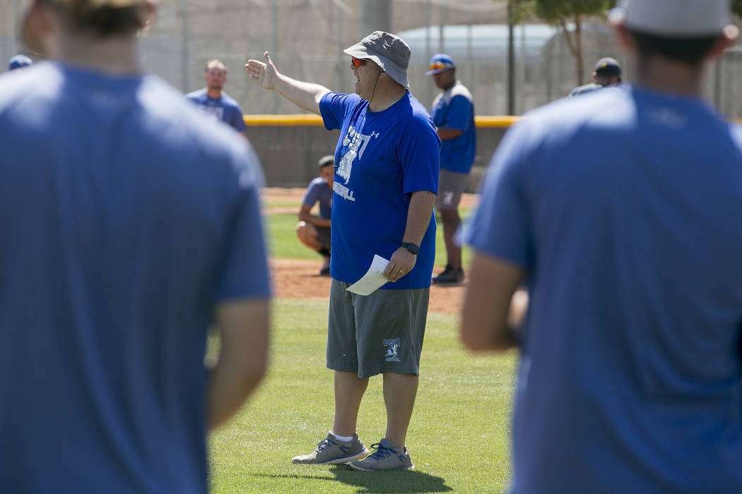 College of Southern Nevada baseball head coach Nick Garritano speaks to players during a practice at Morse Stadium on Tuesday, May 16, 2017, in Henderson. Bridget Bennett Las Vegas Review-Journal ...