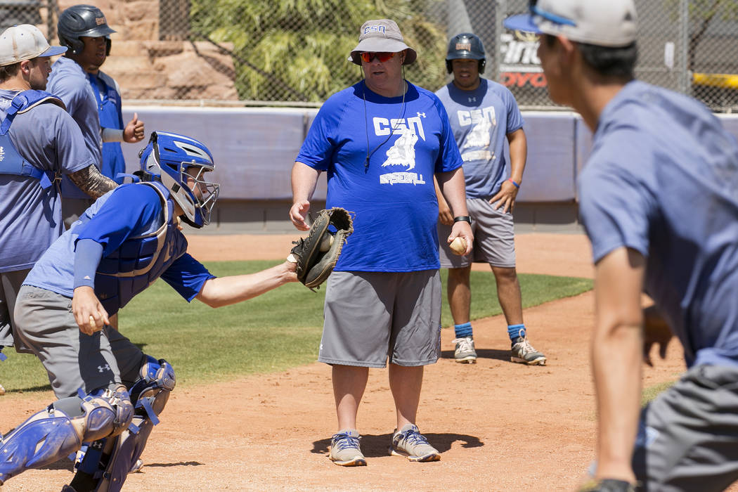 College of Southern Nevada baseball head coach Nick Garritano, center, works with players during practice at Morse Stadium on Tuesday, May 16, 2017, in Henderson.  Bridget Bennett Las Vegas Review ...