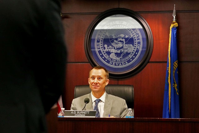 Chairman of the Gaming Control Board A.G. Burnett takes part in a GCB hearing, Wednesday, Sept. 7, 2016, at Grant Sawyer State Office Building in Las Vegas. (Elizabeth Page Brumley/Las Vegas Revi ...