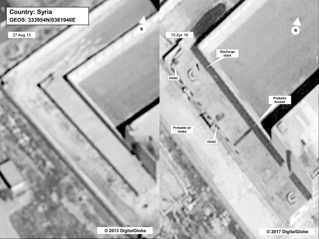 This image provided by the State Department and DigitalGlobe, taken Aug. 27, 2013, left, and April 16, 2015, satellite images of what the State Department described as a building in a prison compl ...