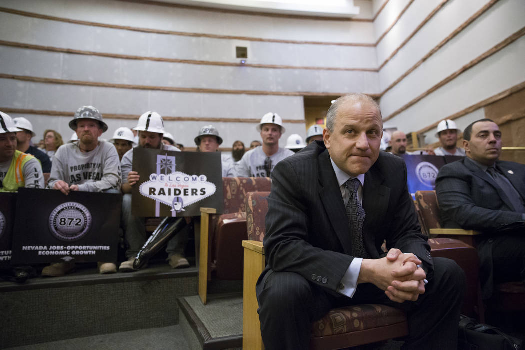 Oakland Raiders president Mac Badain during the Las Vegas Stadium Authority Board meeting at the Clark County Commission Chambers on Thursday, May 18, 2017 in Las Vegas. Erik Verduzco/Las Vegas Re ...