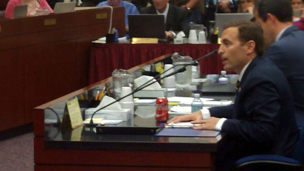 Attorney General Adam Laxalt talks on Wednesday, May 17, 2017, to the Assembly Ways and Means Committee and Senate Finance Committee about the circumstances of his meeting with Nevada Gaming Contr ...