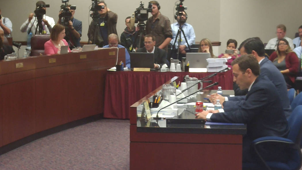 Attorney General Adam Laxalt talks on Wednesday, May 17, 2017, to the Assembly Ways and Means Committee and Senate Finance Committee about the circumstances of his meeting with Nevada Gaming Contr ...