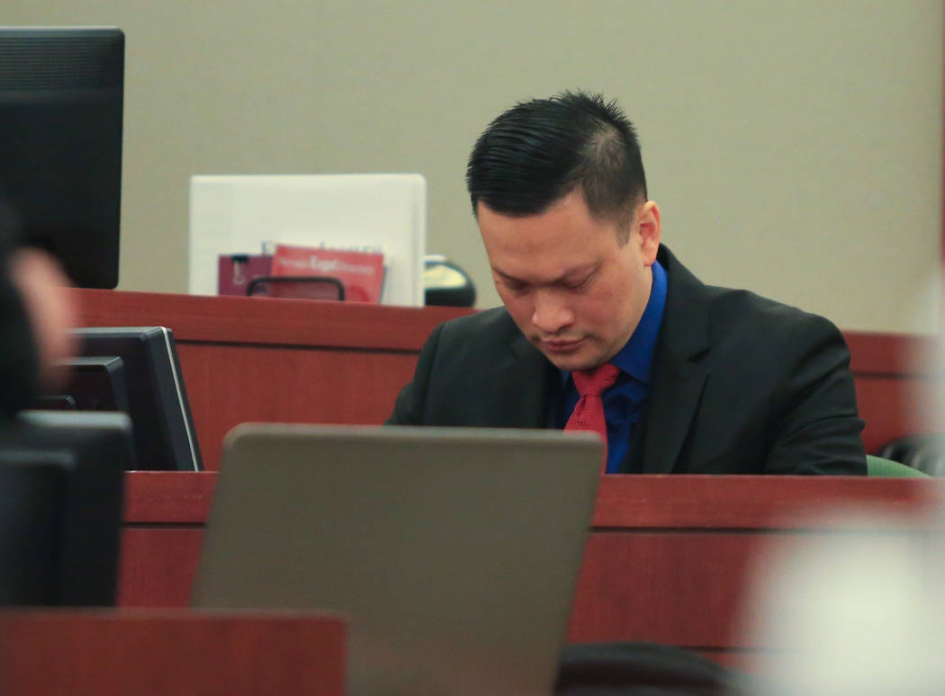 Binh Minh Chung, a doctor who is accused of video taping himself having sex with patients, takes the stand during his trial at the Regional Justice Center in Las Vegas on Thursday, May 18, 2017. B ...