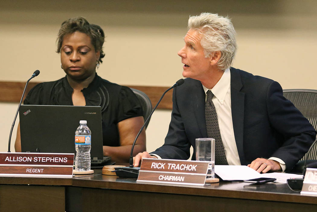 Rick Trachok, right, chairman of Board of Regents, leads a special meeting at Nevada System of Higher Education Friday, May 27, 2016, in Las Vegas. Regent Allison Stephens is shown at left. Ronda  ...