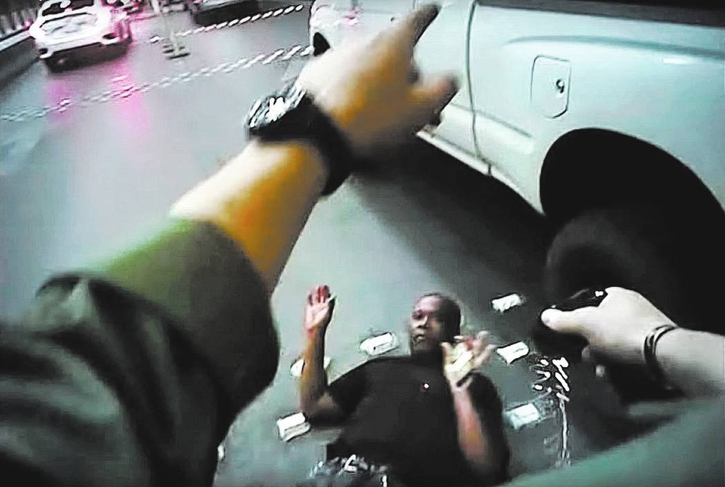 Metropolitan Police Department body-camera footage shows Tashii Brown being stunned with a taser before his death on May 14, 2017 in Las Vegas. Brown died in police custody after he was stunned wi ...