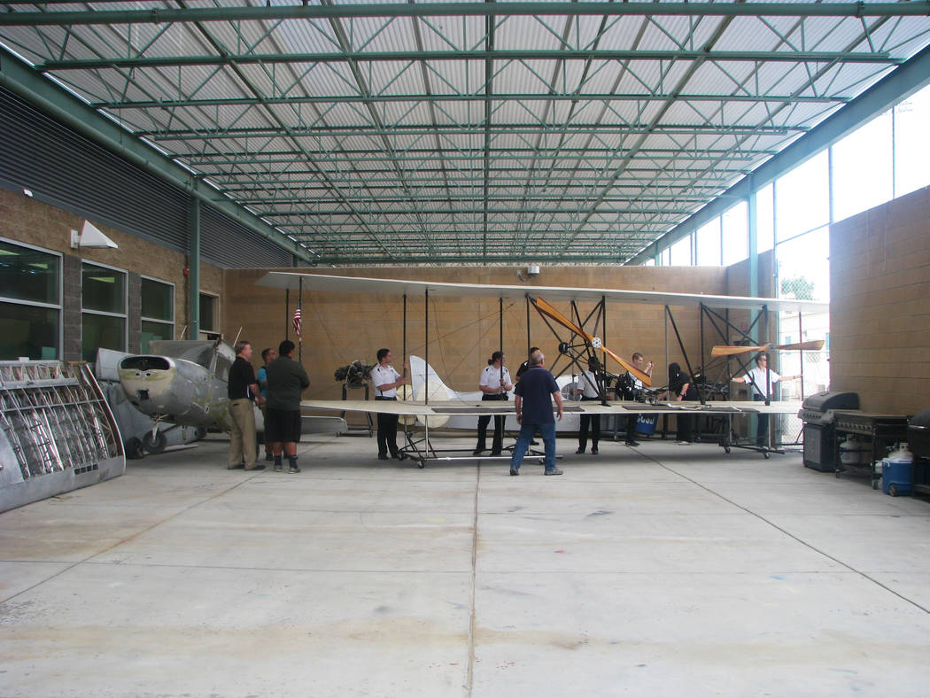 Students and staff had to navigate some tight corners to move a functional replica of the Wright Brothers second plane into Rancho High School at 1900 E Searles Ave, on May 15, 2017. (F. Andrew T ...