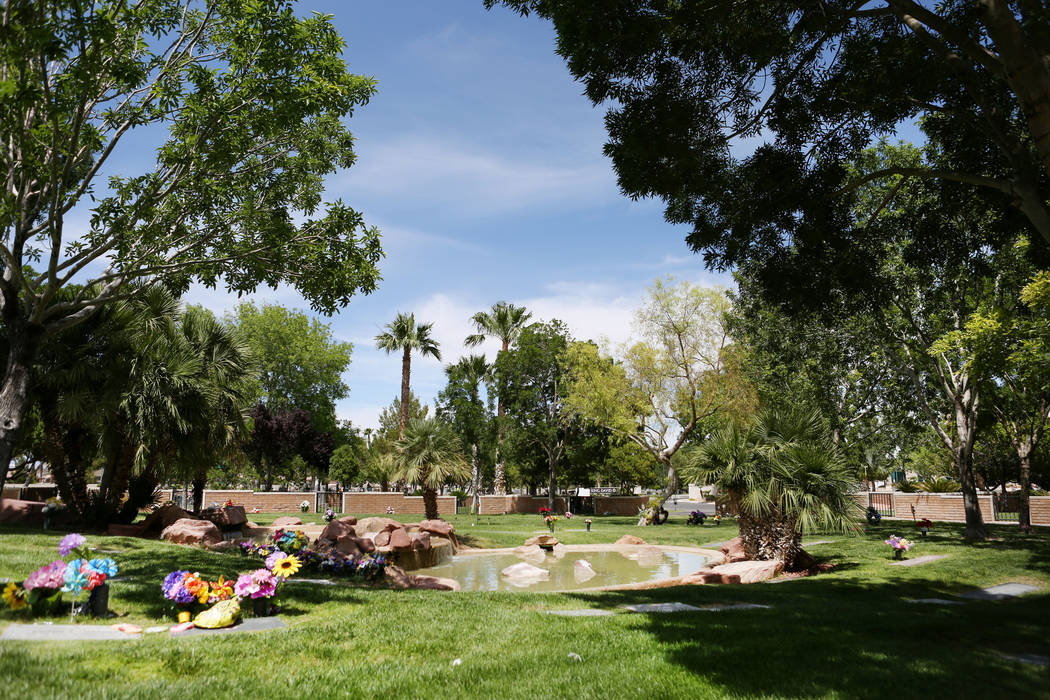 The plots for sale by Chris Snell near tress and water at Palm Eastern Mortuary in Las Vegas Monday, May, 22, 2017. Elizabeth Brumley Las Vegas Review-Journal @EliPagePhoto