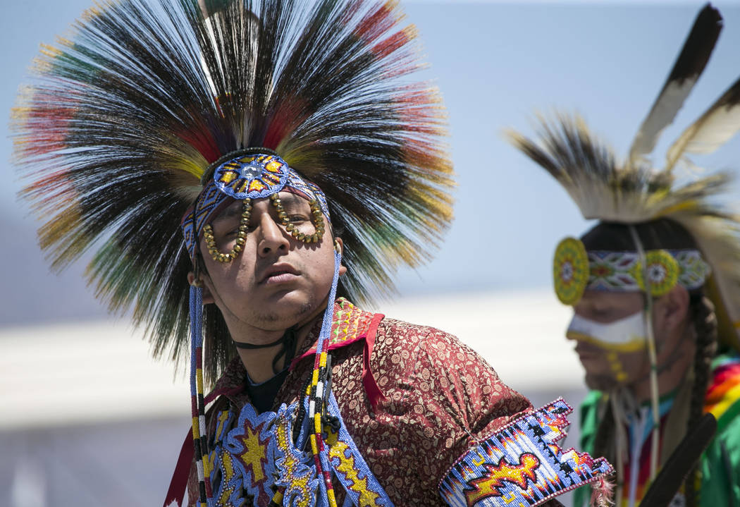 Participants perform a dance in the grand entry ceremonies during the 28th annual Snow Mountain Pow Wow on Saturday, May 27, 2017. Richard Brian Las Vegas Review-Journal @vegasphotograph