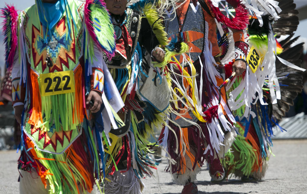 Participants dance in the grand entry ceremonies during the 28th annual Snow Mountain Pow Wow on Saturday, May 27, 2017. Richard Brian Las Vegas Review-Journal @vegasphotograph