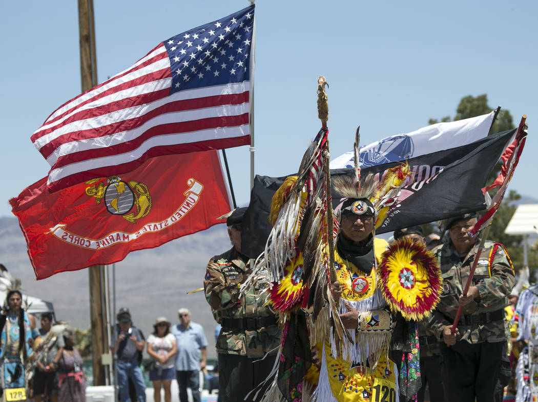 Flags are presented in the grand entry ceremonies during the 28th annual Snow Mountain Pow Wow on Saturday, May 27, 2017. Richard Brian Las Vegas Review-Journal @vegasphotograph
