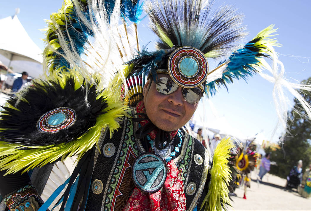 Roger Benally, of Salt Lake City prepares to dance in the grand entry ceremonies during the 28th annual Snow Mountain Pow Wow on Saturday, May 27, 2017. Richard Brian Las Vegas Review-Journal @veg ...