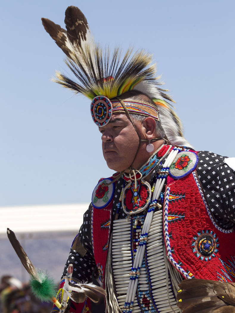 Gary Sam, of Owyhee, Nevada, dances in the grand entry ceremonies during the 28th annual Snow Mountain Pow Wow on Saturday, May 27, 2017. Richard Brian Las Vegas Review-Journal @vegasphotograph