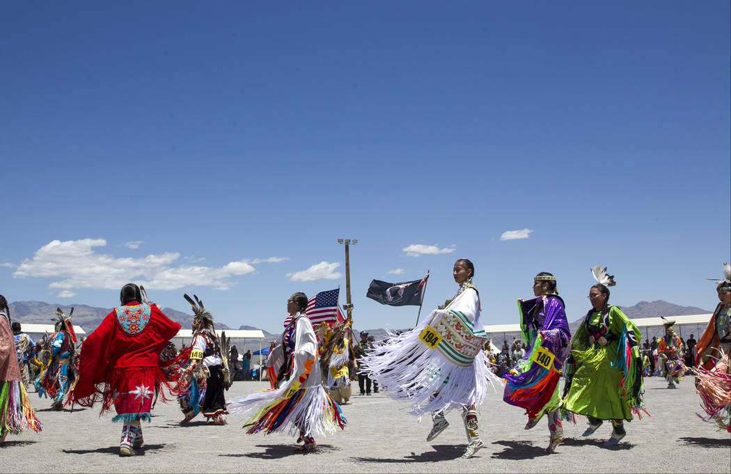 Participants perform a dance in the grand entry ceremonies during the 28th annual Snow Mountain Pow Wow on Saturday, May 27, 2017. Richard Brian Las Vegas Review-Journal @vegasphotograph