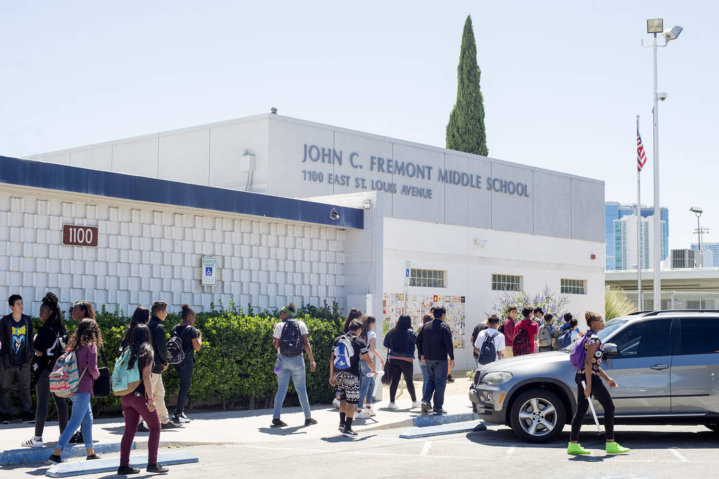 Kids exit John C. Fremont Middle School at the end of a school day on Tuesday, May 23, 2017, in Las Vegas.  Bridget Bennett Las Vegas Review-Journal @bridgetkbennett