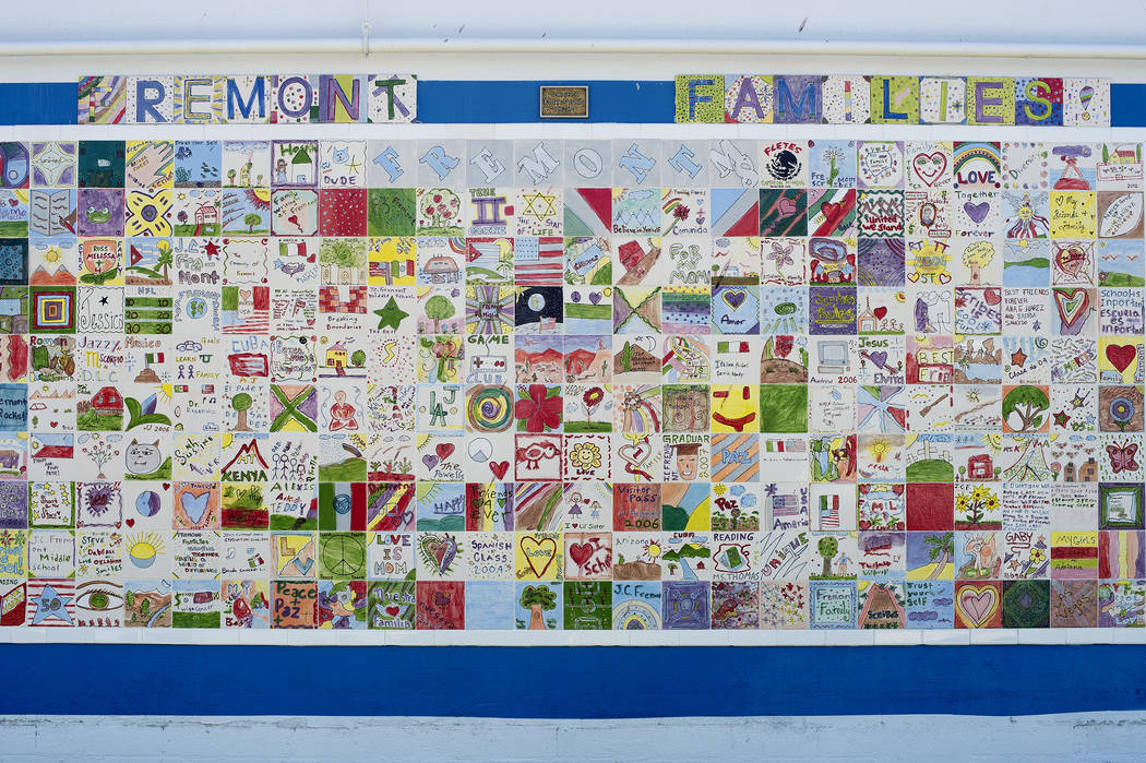 Tiles made by students are displayed on an exterior wall at John C. Fremont Middle School on Tuesday, May 23, 2017, in Las Vegas.  Bridget Bennett Las Vegas Review-Journal @bridgetkbennett
