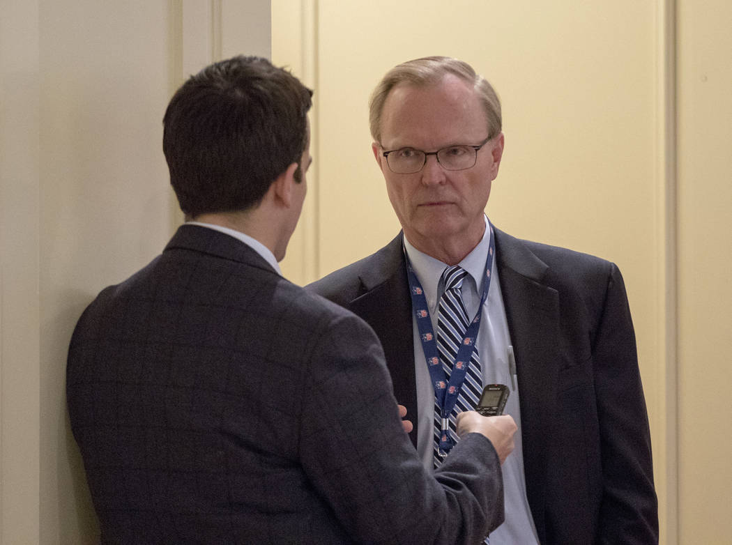 New York Giants owner John Mara, right, speaks to a reporter during a break at the NFL owners meeting at the JW Marriott hotel in Chicago, Ill., on Tuesday, May 23, 2017. Heidi Fang/Las Vegas Revi ...