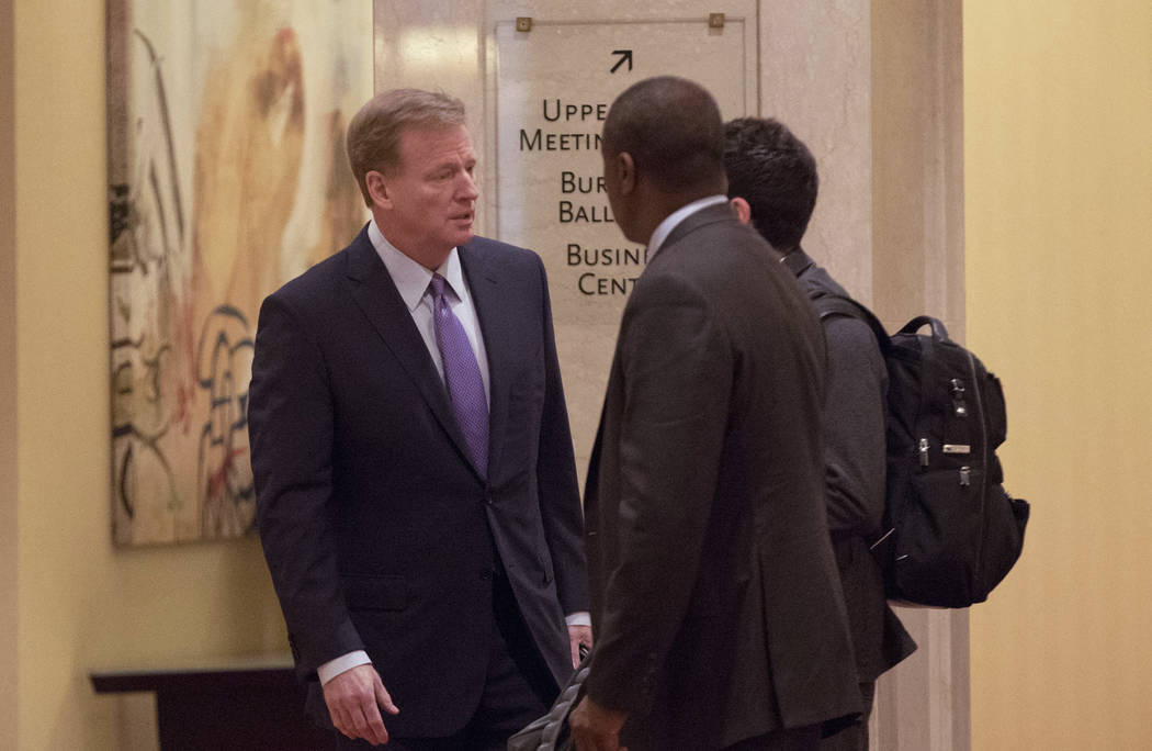 NFL commissioner Roger Goodell, left, arrives at the JW Marriott hotel in Chicago, Ill., where the league's owners are meeting on Tuesday, May 23, 2017. Heidi Fang/Las Vegas Review-Journal @HeidiFang