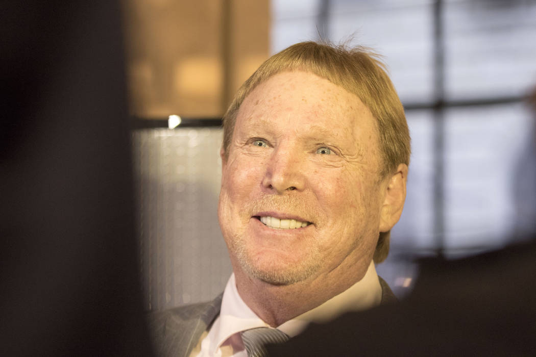 Oakland Raiders owner Mark Davis speaks to reporters after the approval of the Las Vegas stadium lease agreement by the NFL owners at their meetings in Chicago, Ill., on May 23, 2017. Heidi Fang/L ...