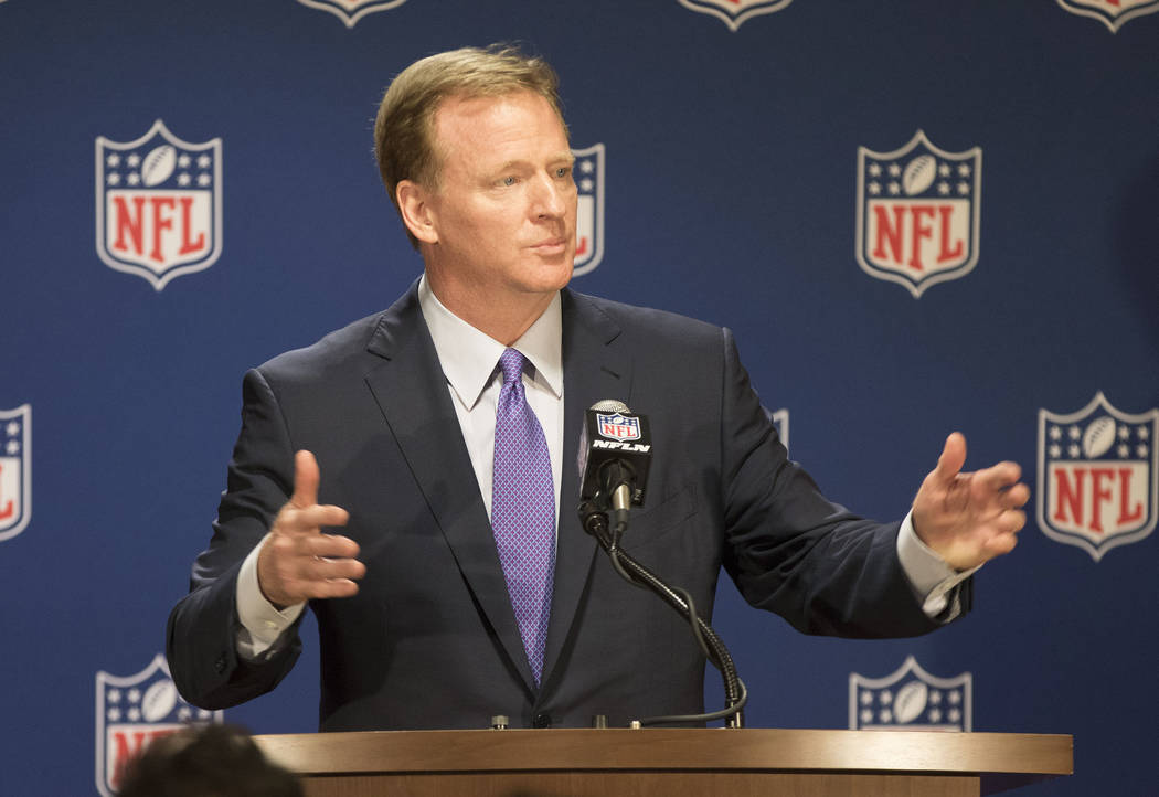 NFL commissioner Roger Goodell speaks to reporters at a news conference at the NFL owners meeting at the JW Marriott hotel in Chicago, Ill., on May 23, 2017. Heidi Fang/Las Vegas Review-Journal @H ...