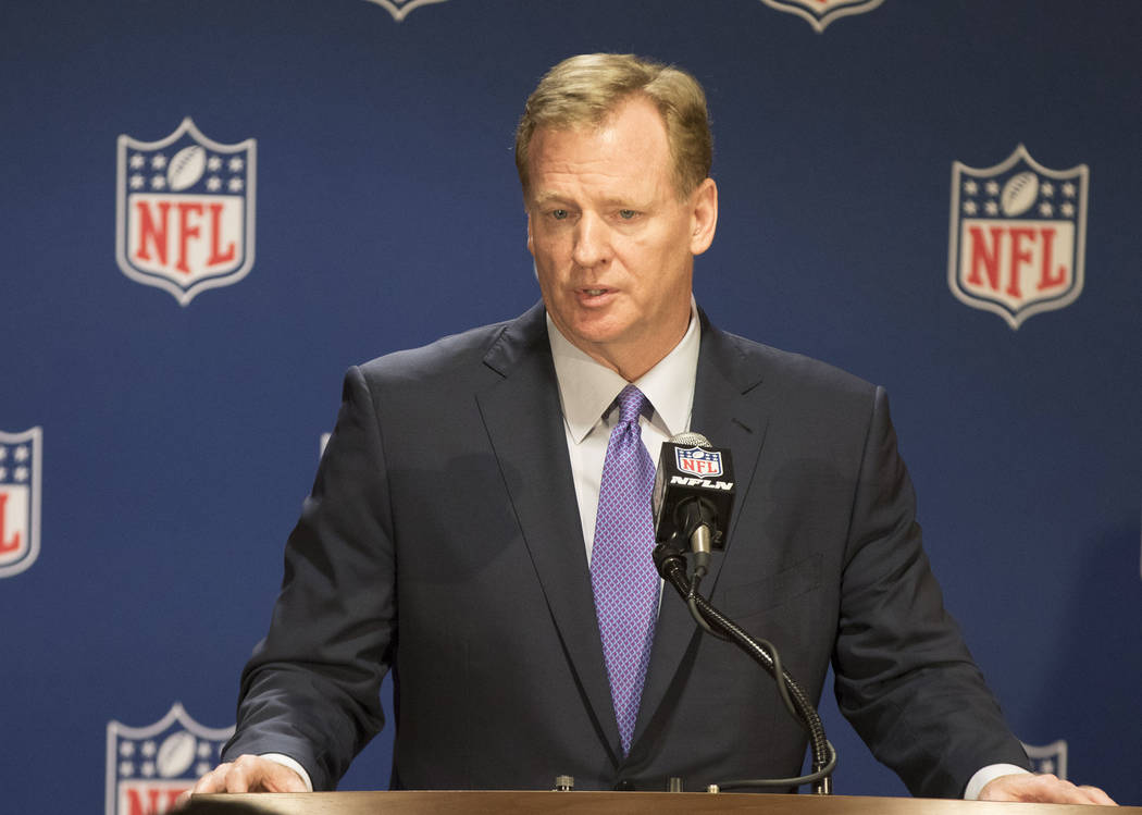 NFL commissioner Roger Goodell answers questions from the media at a news conference at the NFL owners meeting at the JW Marriott hotel in Chicago, Ill., on May 23, 2017. Heidi Fang/Las Vegas Revi ...