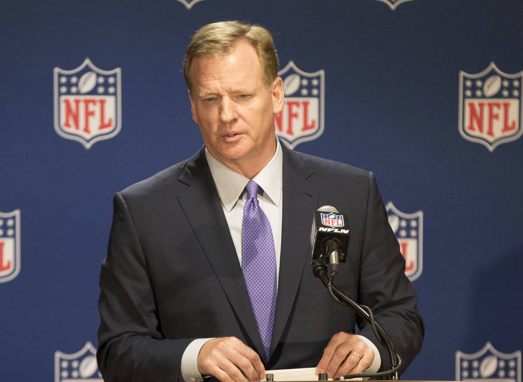NFL commissioner Roger Goodell listens to a question at a news conference at the NFL owners meeting at the JW Marriott hotel in Chicago, Ill., on May 23, 2017. Heidi Fang/Las Vegas Review-Journal  ...