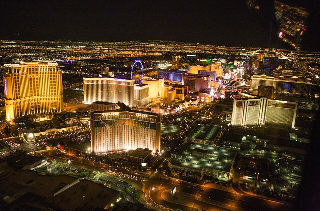 An aerial view of Strip is seen on Thursday, April 21, 2016. The Strip saw a win of $486.8 million in March, a 3.59 percent decrease over March 2015, officials said Thursday. Jeff Scheid/Las Vegas ...