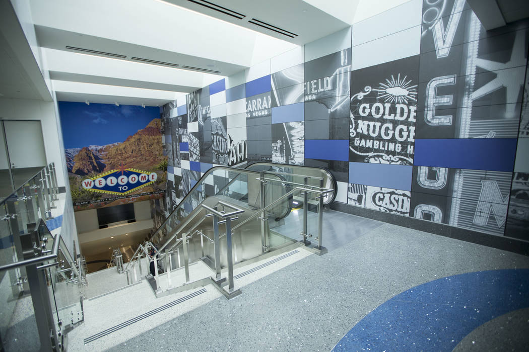 The entrance to the recently completed 995-foot-long corridor linking the D-Gate Concourse to the airport's U.S. Customs and Border Protection station in Terminal 3 at McCarran International Airpo ...