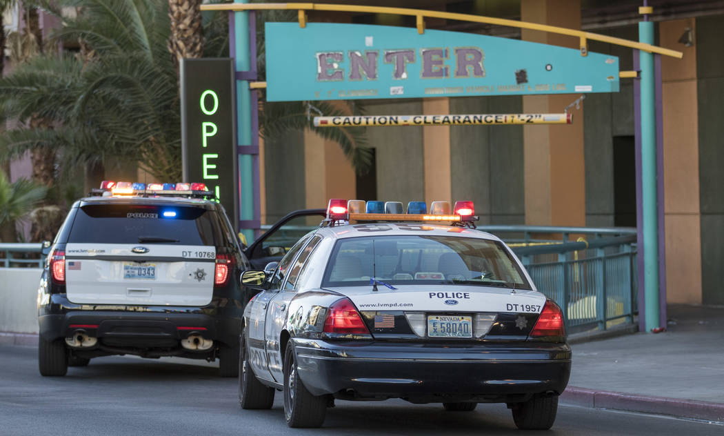 Las Vegas police investigate reports of shots fired at the Neonopolis underground parking garage at 450 Fremont St. in downtown Las Vegas on Friday, May 26, 2017.  (Richard Brian Las Vegas Review- ...