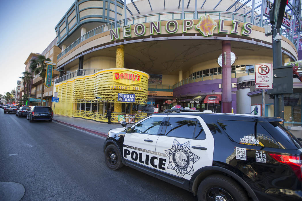 Las Vegas police investigate reports of shots fired at the Neonopolis underground parking garage at 450 Fremont St. in downtown Las Vegas on Friday, May 26, 2017. (Richard Brian Las Vegas Review- ...