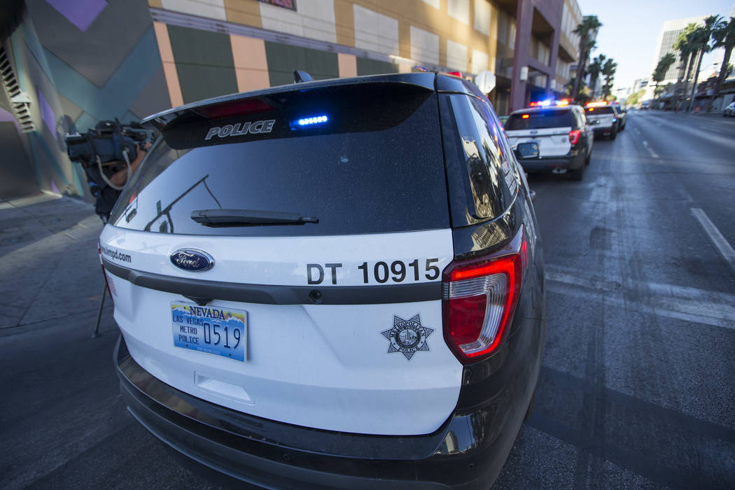 Las Vegas police investigate reports of shots fired at the Neonopolis underground parking garage at 450 Fremont St. in downtown Las Vegas on Friday, May 26, 2017. (Richard Brian Las Vegas Review- ...