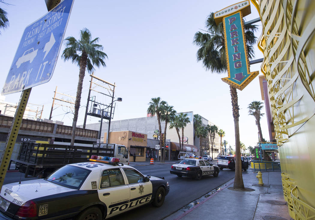 Las Vegas police investigate reports of shots fired at the Neonopolis underground parking garage at 450 Fremont St. in downtown Las Vegas on Friday, May 26, 2017. (Richard Brian Las Vegas Review- ...