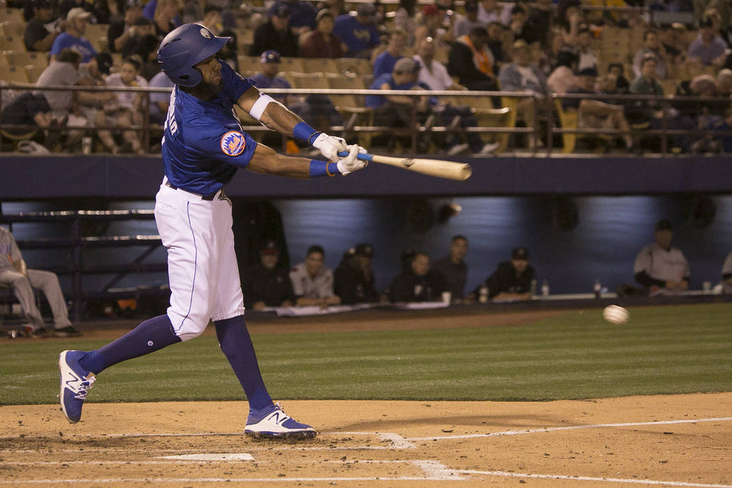 51s Amed Rosario (1) hits the ball during the third inning against Albuquerque at Cashman Field on Thursday, April 27, 2017, in Las Vegas. Bridget Bennett/Las Vegas Review-Journal @bridgetkbennett
