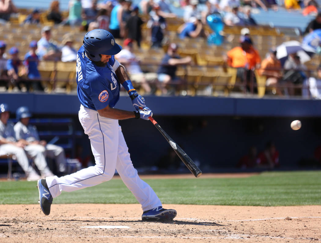 Las Vegas 51s shortstop Amed Rosario bats against Albuquerque Isotopes in the eighth inning at Cashman Field in Las Vegas, Sunday, April 30, 2017. Elizabeth Brumley Las Vegas Review-Journal @EliPa ...