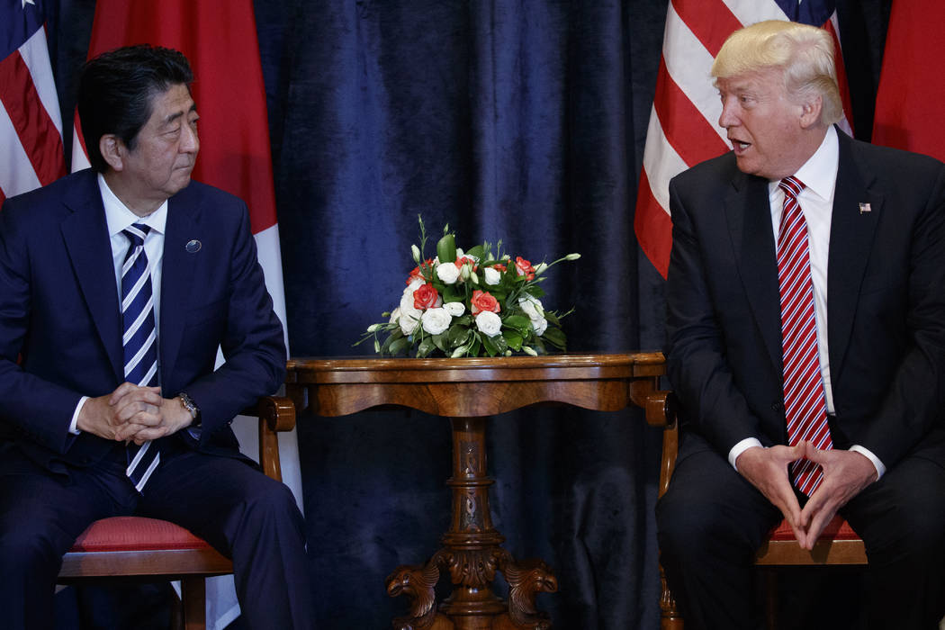 President Donald Trump meets with Japanese Prime Minister Shinzo Abe during the G7 Summit, Friday, May 26, 2017, in Taormina, Italy. (AP Photo/Evan Vucci)