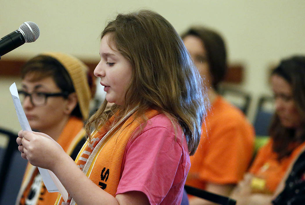 Nevada Connections Academy student, Lacey King, 10, of Pahrump, delivers her comments during the State Public Charter School Authority meeting Thursday, May 25, 2017, in Las Vegas. Bizuayehu Tesfa ...