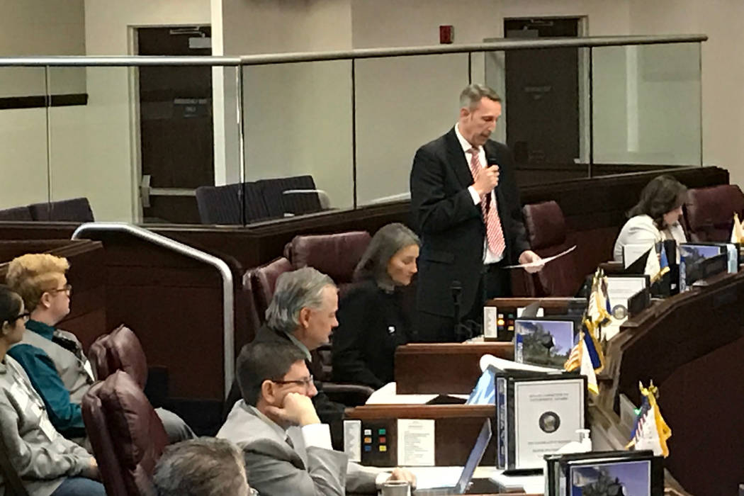 Sen. Scott Hammond, R-Las Vegas, urges colleagues Tuesday to support a bill requiring foster parents to undergo training on working with LGBTQ children. (Sandra Chereb/Las Vegas Review-Journal)