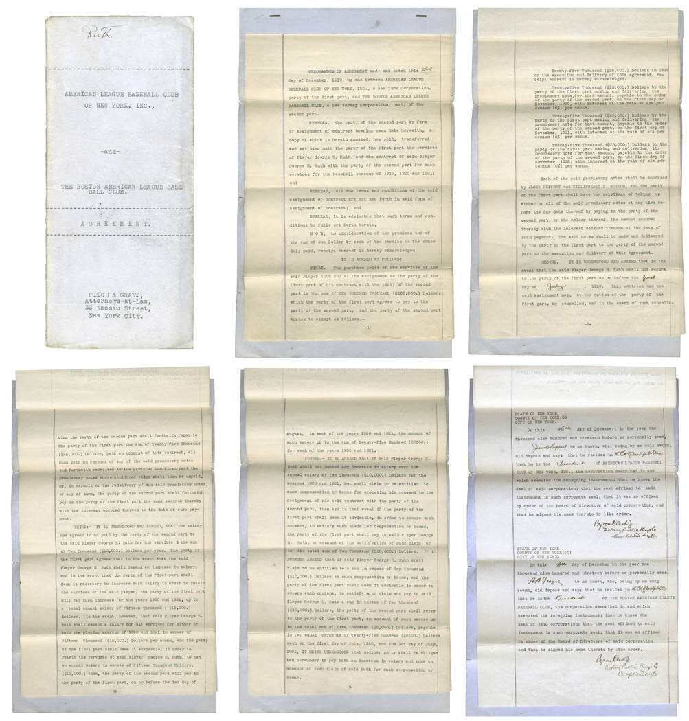 These undated images provided by Lelands.com, shows pages of the New York Yankees' copy of the 1919 agreement between the Yankees and Boston Red Sox for baseball player Babe Ruth. The 1919 sale of ...