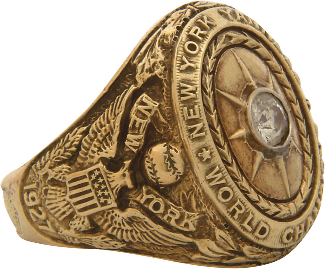 This undated image provided by Lelands.com, shows New York Yankee's' Babe Ruth's 1927 World Series ring. The ring is part of Lelands.com 1st Annual Invitational Auction, which closes June 30, 2017 ...