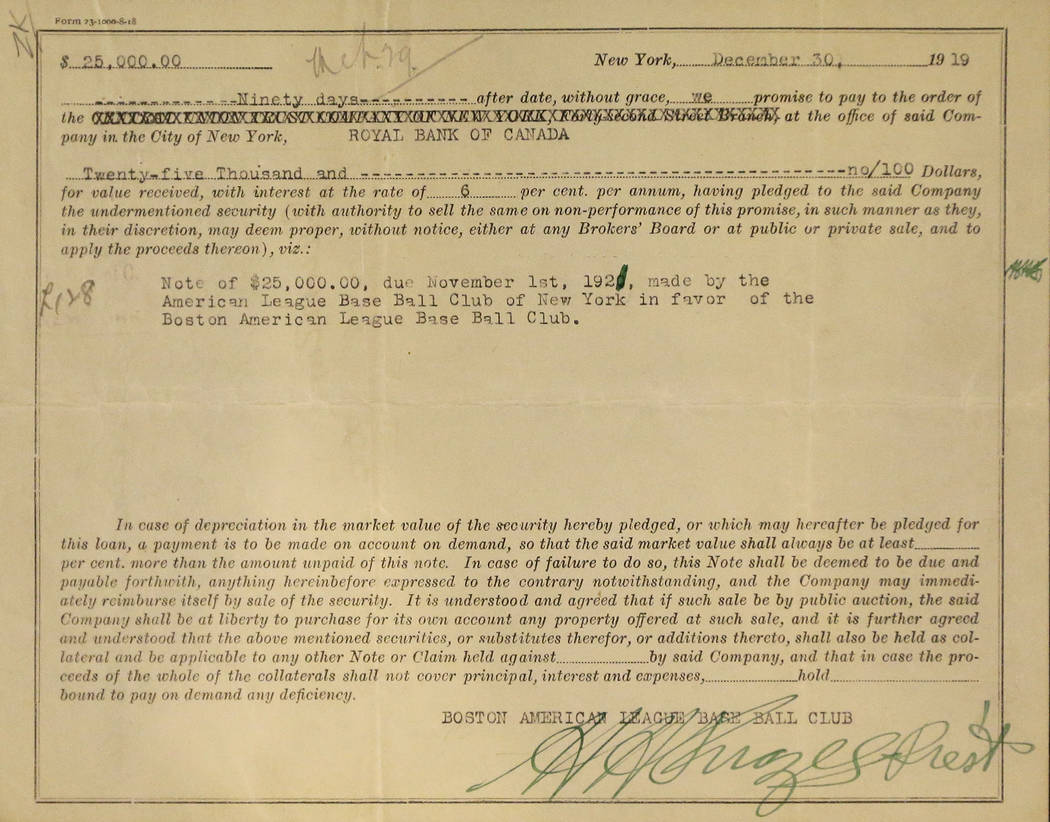 This photo shows the 1919 promissory note from the New York Yankees to the Boston Red Sox in payment for the sale of Babe Ruth, Wednesday, July 9, 2014, in Baltimore, during a media preview of spo ...
