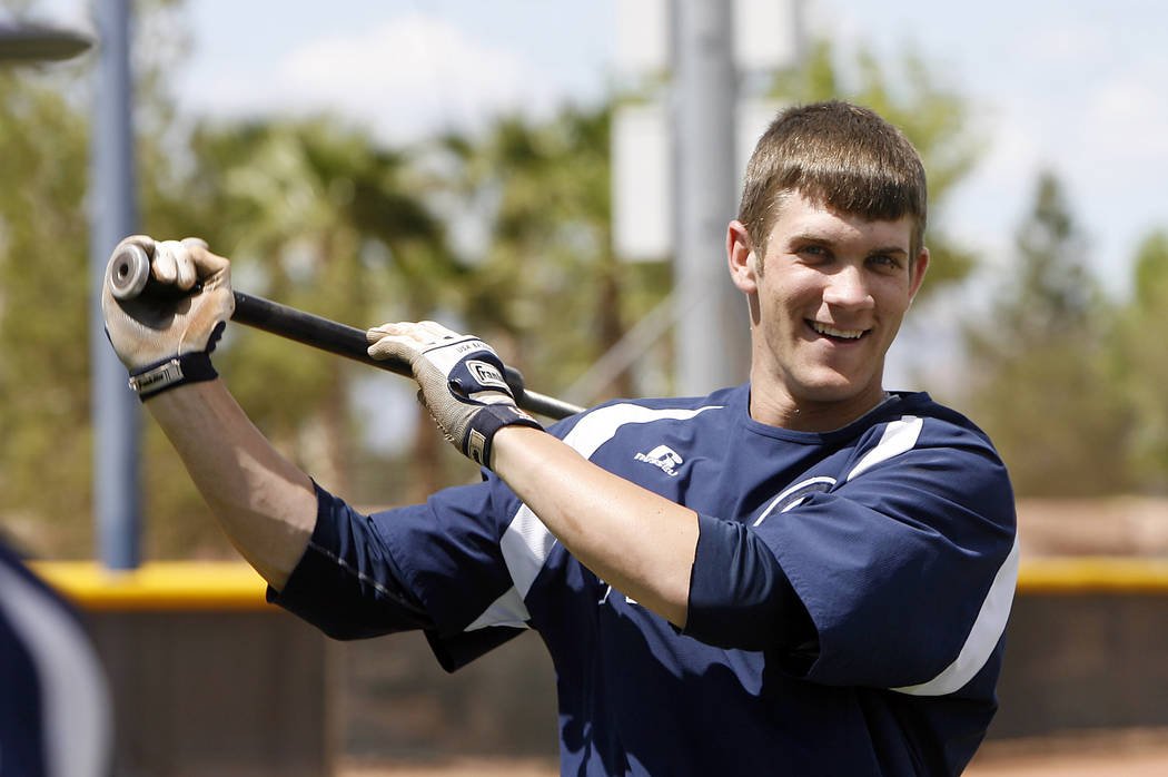 College of Southern Nevada baseball player Bryce Harper warms up before a college baseball game in Henderson, Nev.  on April 30, 2010.  (AP Photo/Isaac Brekken, File)