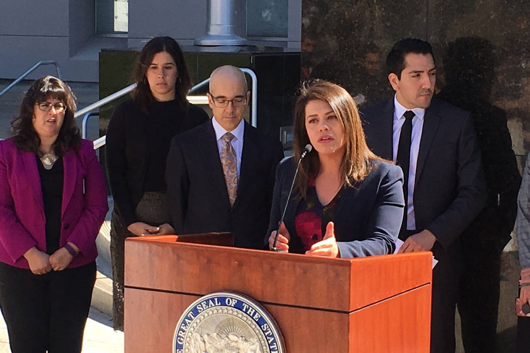 Assembly Majority Leader Teresa Benitez-Thompson, D-Reno, speaks at Latino Lobbyist Day in Carson City on Monday, April 3, 2017. (Sean Whaley/Las Vegas Review-Journal)