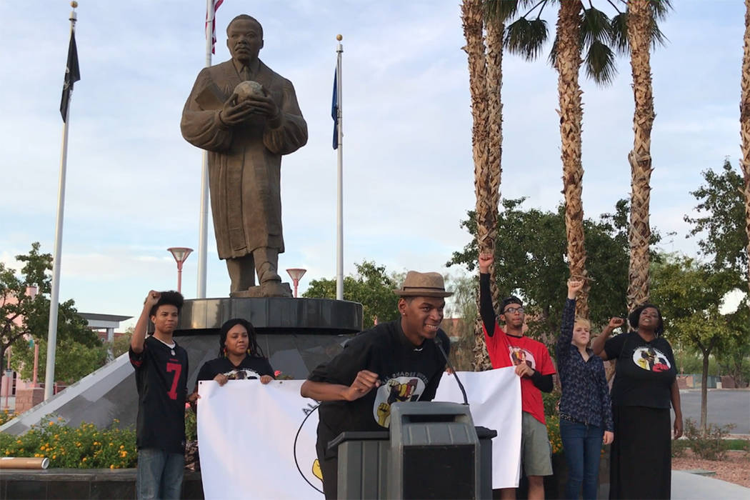 Stretch Sanders, founder and president of the activist group All Shades United, addresses media and community members at a peaceful gathering on Monday, May 29, 2017. (Blake Apgar/Las Vegas Review ...
