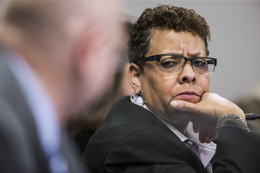 Sen. Pat Spearman, D-North Las Vegas, listens to Sen. Joseph Hardy, R-Boulder City, during a Senate Health and Human Services committee meeting at the Nevada Legislative session on Wednesday, Feb ...