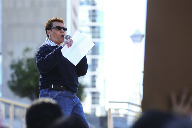 State Sen. Pat Spearman speaks as supporters of women's rights gather outside of the Lloyd George U.S. Courthouse in downtown Las Vegas on Saturday, Jan. 21, 2017. (Chase Stevens/Las Vegas Review- ...