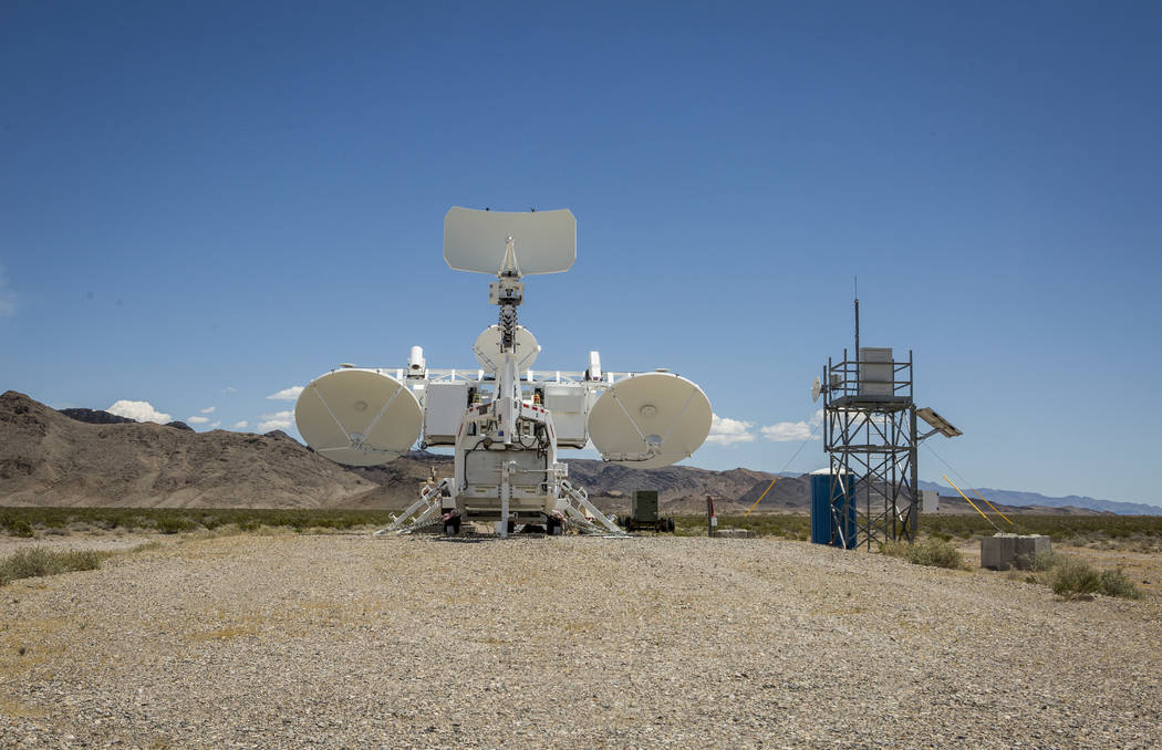 A radar system sits on a gravel pad at the Nevada Test and Training Range on Sunday, May 21, 2017. As part of a proposed expansion, the Air Force plans to add roughly a dozen more pads like this o ...