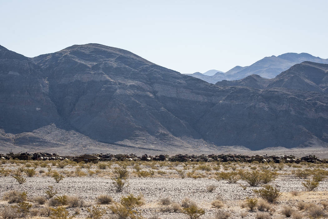 Tanks used as targets for depleted uranium bullets sit in the sun at the Nevada Test and Training Range on Sunday, May 21, 2017, waiting for the day when they will be cleaned up and repurposed. Pa ...