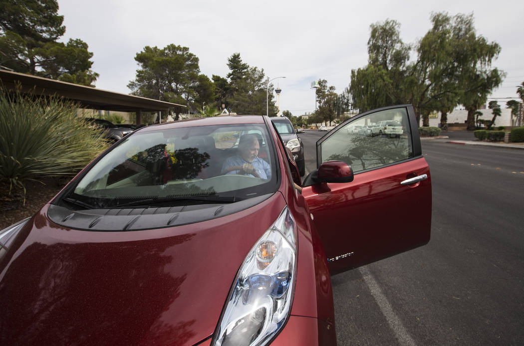 Lloyd Reece, president of the Las Vegas Electric Vehicle Association, inside his 2011 Nissan Leaf in Las Vegas on Wednesday, May 31, 2017. Chase Stevens Las Vegas Review-Journal @csstevensphoto