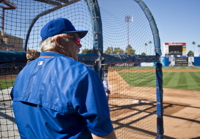 Manager Wally Backman (6) looks out over the field during media day for the Las Vegas 51s at Cashman Field in Las Vegas on Tuesday, April 5, 2016. The event was held ahead of opening Thursday's se ...